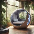 Futuristic sci-fi pod chair, Flat Design, Product-View, transparent orb, product photography, plants, natural wooden environment, 8k, Sci-Fi, Natural Light