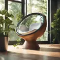 Futuristic sci-fi pod chair, Flat Design, Product-View, transparent orb, product photography, plants, natural wooden environment, 8k, Sci-Fi, Natural Light