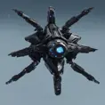 Entire black Spaceship, blue background, from side, Highly Detailed, Unreal Engine