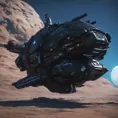 Entire black Spaceship, blue background, from side, Highly Detailed, Unreal Engine