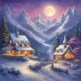 Charming fairy tale village, snow-covered decorated Christmas trees, warm inviting cabin, snowflakes, mountains with waterfall, soft light far-away full moon, glitter, stars, stardust, electric blue and purple sky, Digital Painting, Sharp Focus, Vibrant Colors, Hyper Realistic by Thomas Kinkade