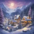 Charming fairy tale village, snow-covered decorated Christmas trees, warm inviting cabin, snowflakes, mountains with waterfall, soft light far-away full moon, glitter, stars, stardust, electric blue and purple sky, Digital Painting, Sharp Focus, Vibrant Colors, Hyper Realistic by Thomas Kinkade