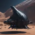 Entire black Spaceship, from side, in an alien planet with dark blue background, Highly Detailed, Unreal Engine