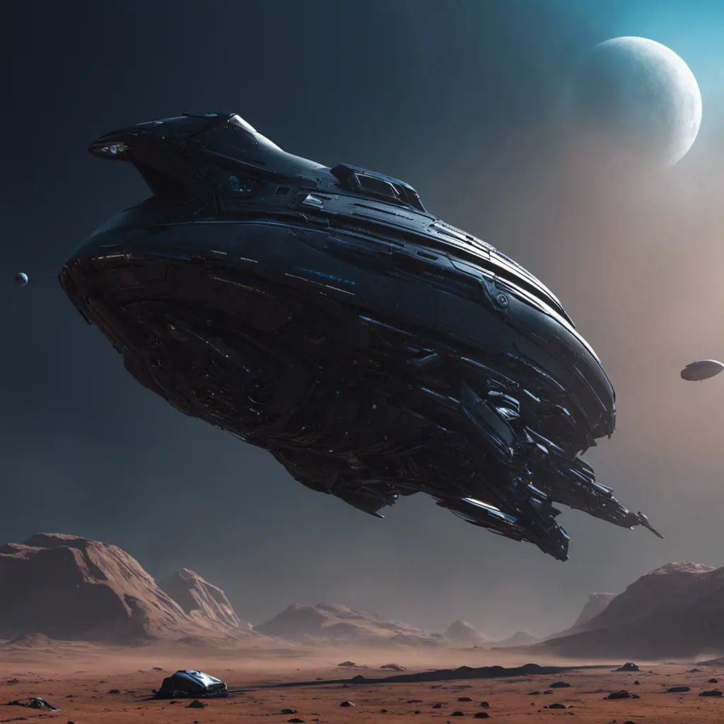 Entire black Spaceship, from side, in an alien planet with dark blue background, Highly Detailed, Unreal Engine