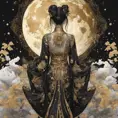 Full body back of an Asian goddess in a black dress with gold decorations. A dress with no flesh on the back, holding a fan in one hand. hyperdetailed eyes, Poster design, line art, a fantastically large moon background, ultra detailed artistic, detailed gorgeous face, natural skin, colour splash art, fire and ice, splatter, black ink, liquid melting, dreamy, glowing, glamour, glimmer, shadows, brush strokes, ominous, golden ratio, production cinematic character render, ultra high quality model, 8k, Highly Detailed, Intricate, Masterpiece, Oil on Canvas, Sharp Focus, Smooth, Unreal Engine, Glamour Shot, Vibrant Colors, Ominous