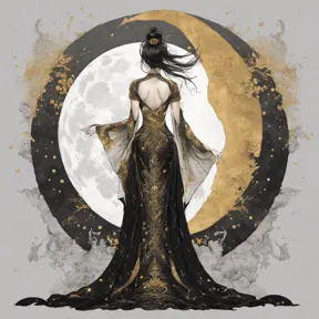 Full body back of an Asian goddess in a black dress with gold decorations. A dress with no flesh on the back, holding a fan in one hand. hyperdetailed eyes, Poster design, line art, a fantastically large moon background, ultra detailed artistic, detailed gorgeous face, natural skin, colour splash art, fire and ice, splatter, black ink, liquid melting, dreamy, glowing, glamour, glimmer, shadows, brush strokes, ominous, golden ratio, production cinematic character render, ultra high quality model, 8k, Highly Detailed, Intricate, Masterpiece, Oil on Canvas, Sharp Focus, Smooth, Unreal Engine, Glamour Shot, Vibrant Colors, Ominous