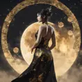 Full body back of an Asian goddess in a black and gold backless dress holding a fan in one hand. A fantastically large moon background, detailed gorgeous face, natural skin, fire and ice, splatter, black ink, liquid melting, dreamy, glowing, glamour, glimmer, shadows, ominous, golden ratio, production cinematic character render, ultra high quality model, 8k, Highly Detailed, Intricate, Masterpiece, Oil on Canvas, Sharp Focus, Smooth, Unreal Engine, Glamour Shot, Vibrant Colors, Ominous