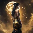 Full body back of an Asian goddess in a black and gold backless dress holding a fan in one hand. A fantastically large moon background, detailed gorgeous face, natural skin, fire and ice, splatter, black ink, liquid melting, dreamy, glowing, glamour, glimmer, shadows, ominous, golden ratio, production cinematic character render, ultra high quality model, 8k, Highly Detailed, Intricate, Masterpiece, Oil on Canvas, Sharp Focus, Smooth, Unreal Engine, Glamour Shot, Vibrant Colors, Ominous