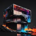 A modern home designed by Zara Hadid, Black Background, Fire and Ice, Splatter, Black Ink, Liquid Melting, Dreamy, Glowing, Glimmer, Shadows, 8k, Highly Detailed, Smooth, Vibrant Colors, Ominous