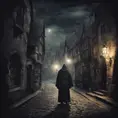 spooky medieval english street, night, ghostly monk standing, Gothic and Fantasy, Dark