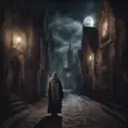 spooky medieval english street, night, ghostly monk standing, Gothic and Fantasy, Dark