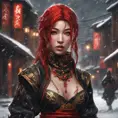 Mysterious beautiful kunoichi ninja wearing black, red, and gold jewelry in the streets of a dark snowy town in russia, 8k, Intricate Details, Trending on Artstation, Red Hair by Stanley Artgerm Lau, WLOP
