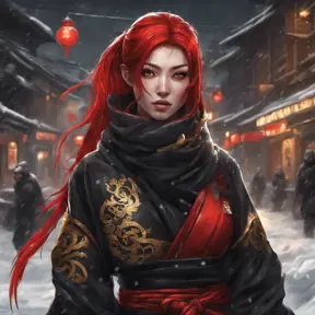 Mysterious beautiful kunoichi ninja wearing black, red, and gold jewelry in the streets of a dark snowy town in russia, 8k, Intricate Details, Trending on Artstation, Red Hair by Stanley Artgerm Lau, WLOP
