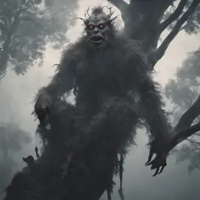 Kapre philippines scary hairy humanoid monster smoking a tobacco on the tree top, forest, foggy weather, otherworldy, Intricate, Artstation, Gothic and Fantasy, Cinematic Lighting, Octane Render, Concept Art
