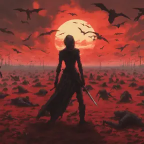 Back view of an assassin woman on a batte field covered by corpses. The sky is colored by a red sun set, Dystopian, Volumetric Lighting
