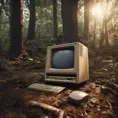Retro Macintosh desktop computer abandoned in the woods, shot on leica, Unreal Engine, Dynamic Lighting, Volumetric Lighting