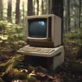 Retro Macintosh desktop computer abandoned in the woods, shot on leica, Unreal Engine, Dynamic Lighting, Volumetric Lighting