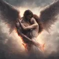 An angel flying hugging a demon flying, forming a heart shape, 4k, Photo Realistic, Fantasy