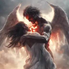 An angel flying hugging a demon flying, forming a heart shape, 4k, Photo Realistic, Fantasy