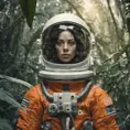 Medium-full shot, muted photo portrait titled "female Astronaut in a Jungle", tangerine space suit, muted palette, reflections, 8k, Highly Detailed
