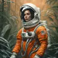 Medium-full shot, muted photo portrait titled "female Astronaut in a Jungle", tangerine space suit, muted palette, reflections, 8k, Highly Detailed
