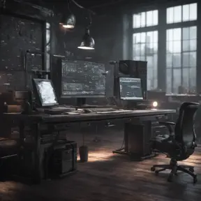 A dark industrial wood desk, with very monitors,very electronic, maximalism, industrial, high tech, ambient occlusion, atmospheric haze, Photo Realistic, Volumetric light effect, Octane Render, Unreal Engine, Wide-angle lens, Ambient Occlusion