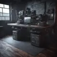 A dark industrial wood desk, with very monitors,very electronic, maximalism, industrial, high tech, ambient occlusion, atmospheric haze, Photo Realistic, Volumetric light effect, Octane Render, Unreal Engine, Wide-angle lens, Ambient Occlusion