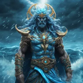 A celestial Blue-skinned God of the Seas, Storms, and Exploring emanating power of the seas, wearing half-leather, shrouded in storms in the style of digital art, 8k, Fantasy