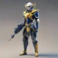 Full body of a high elf sci fi soldier wearing heavy sci fi elven armor, navy blue and yellow and white armor and helmet, visor, boots, male, holding a light machine gun, 8k, Sci-Fi, Fantasy