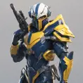 Full body of a high elf sci fi soldier wearing heavy sci fi elven armor, navy blue and yellow and white armor and helmet, visor, boots, male, holding a light machine gun, 8k, Sci-Fi, Fantasy
