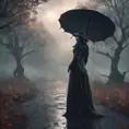 Enigmatic witch in rain standing in a spellbound park, 8k, Sci-Fi, Fantasy