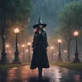 Enigmatic witch in rain standing in a spellbound park, 8k, Sci-Fi, Fantasy