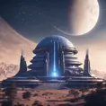 Distant view of a large round indigo temple in the center of a futuristic community. Extraterrestrial landscape. The moon and stars can be seen in the sky even during the day., 8k, Sci-Fi
