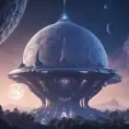 Distant view of a large round indigo temple in the center of a futuristic community. Extraterrestrial landscape. The moon and stars can be seen in the sky even during the day., 8k, Sci-Fi