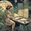 A woman dressed in an old-fashioned space outfit, with a constellations map in a desk and an astrolab in the hand in a jungle. Detailed image with vintage vidéo game animation style, with great lighting and tension., Vintage Illustration, Retro-Futurism