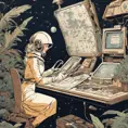 A woman dressed in an old-fashioned space outfit, with a constellations map in a desk and an astrolab in the hand in a jungle. Detailed image with vintage vidéo game animation style, with great lighting and tension., Vintage Illustration, Retro-Futurism