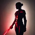 Portrait of a silhouette star wars figure in her red lightsaber, in the style of evocative environmental portraits, dark, red, Sci-Fi, Volumetric Lighting