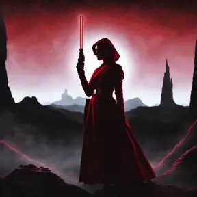 Portrait of a silhouette star wars figure in her red lightsaber, in the style of evocative environmental portraits, dark, red, Sci-Fi, Volumetric Lighting