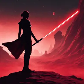 Portrait of a silhouette star wars female jedi with her red lightsaber, on an alien planet, in the style of evocative environmental portraits, dark, red, Sci-Fi, Volumetric Lighting