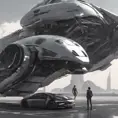 One with a spacecraft parked next to another, in the style of monochromatic compositions, dynamic action sequences, wlop, vray, silver and black, streamline elegance, hisui sugiura, Sci-Fi