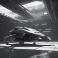 One with a spacecraft parked next to another, in the style of monochromatic compositions, dynamic action sequences, wlop, vray, silver and black, streamline elegance, hisui sugiura, Sci-Fi, Volumetric Lighting