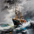 Seascape, ship on the high seas, storm, high waves, colored ink , Stunning, Stormy Day, Volumetric light effect, Grayscale, Vibrant Colors by Michael Garmash, Loui Jover
