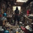 Wide angle Environmental shot of ninja assassin in a cluttered and messy shack, chaotic shack in background, maxilism, Darkwave, Photo Realistic, Sharp Focus, Vibrant Colors