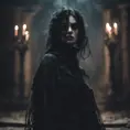 Female ghost with raven hair and black eyest in a creepy castle at night, 8k, Dystopian, Dark