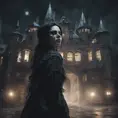 Female ghost with raven hair and black eyest in a creepy castle at night, 8k, Dystopian, Dark