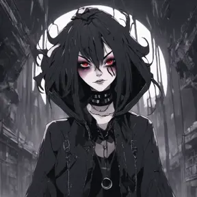 Goth woman in evil anime style, 8k, Dystopian, Dark