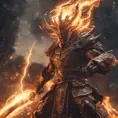 "legendary fire god" fighting "legendary lightening god", combat scene action, 8k, Intricate Details, Trending on Artstation, Sci-Fi, Unreal Engine, Volumetric Lighting