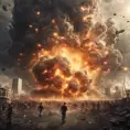 a mass explosion on earth that destroys all of humanity, scary, massive explosion, humans running away from it, 8k, Dystopian, Dark