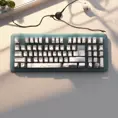 A translucent keyboard, designed by Charles Eames. mid-century modern design inspiration. Beautiful natural lighting, on desk., 8k, Intricate Details, Trending on Artstation, Sci-Fi, Unreal Engine, Volumetric Lighting