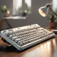 A translucent keyboard, designed by Charles Eames. mid-century modern design inspiration. Beautiful natural lighting, on desk., 8k, Intricate Details, Trending on Artstation, Sci-Fi, Unreal Engine, Volumetric Lighting